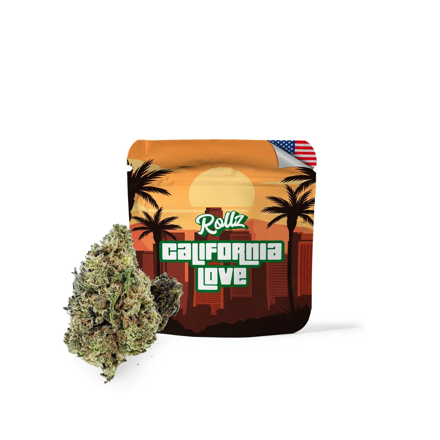 California Love THCA Indoor-Blüten – dichte hellgrüne getrocknete Cannabisblüten auf neutralem Hintergrund; ROLLZ-Eigenproduktion.