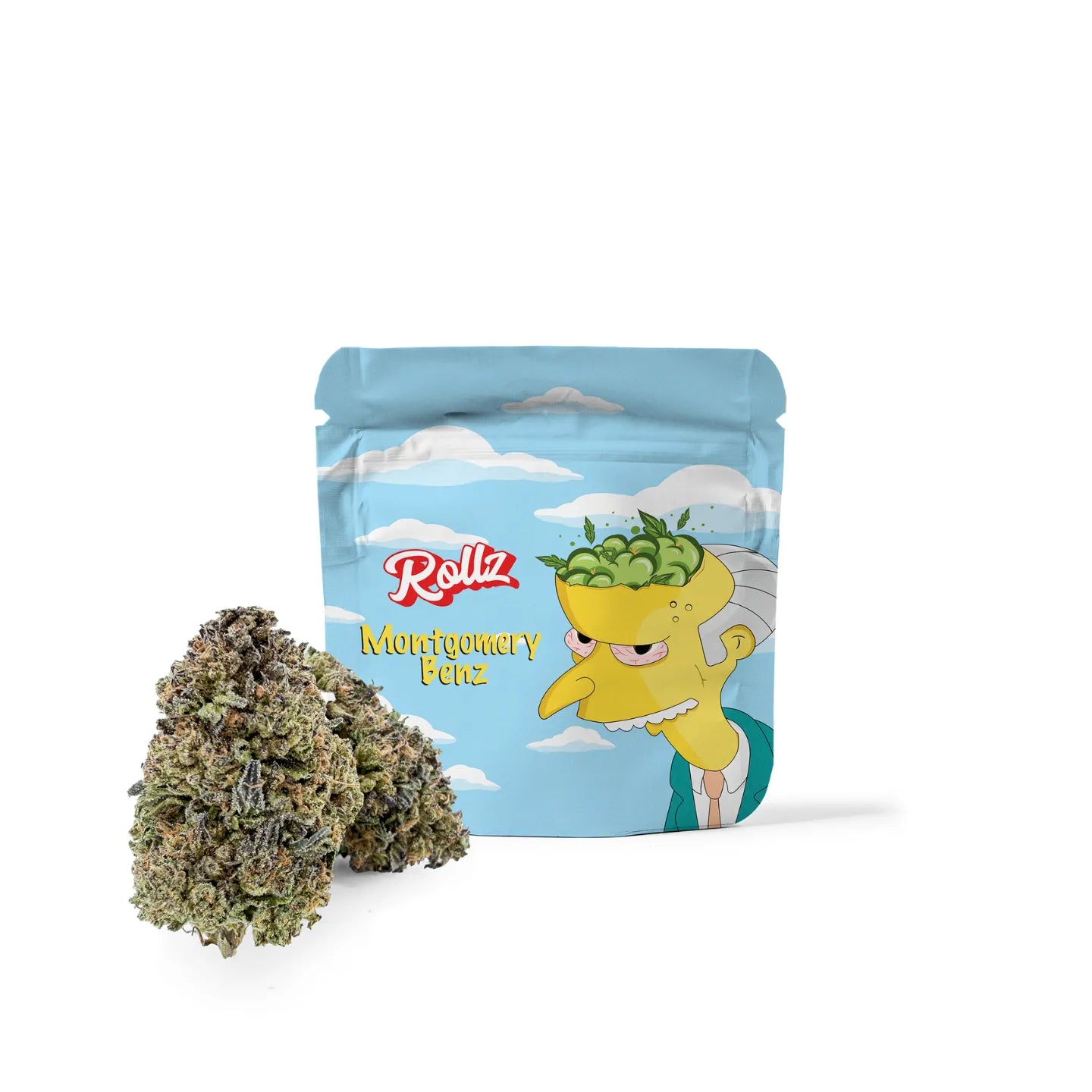 Rollz Montgomery Benz THCA Indoor-Blüten Beutel mit Cartoon-Design und Blüten davor auf weißem Hintergrund