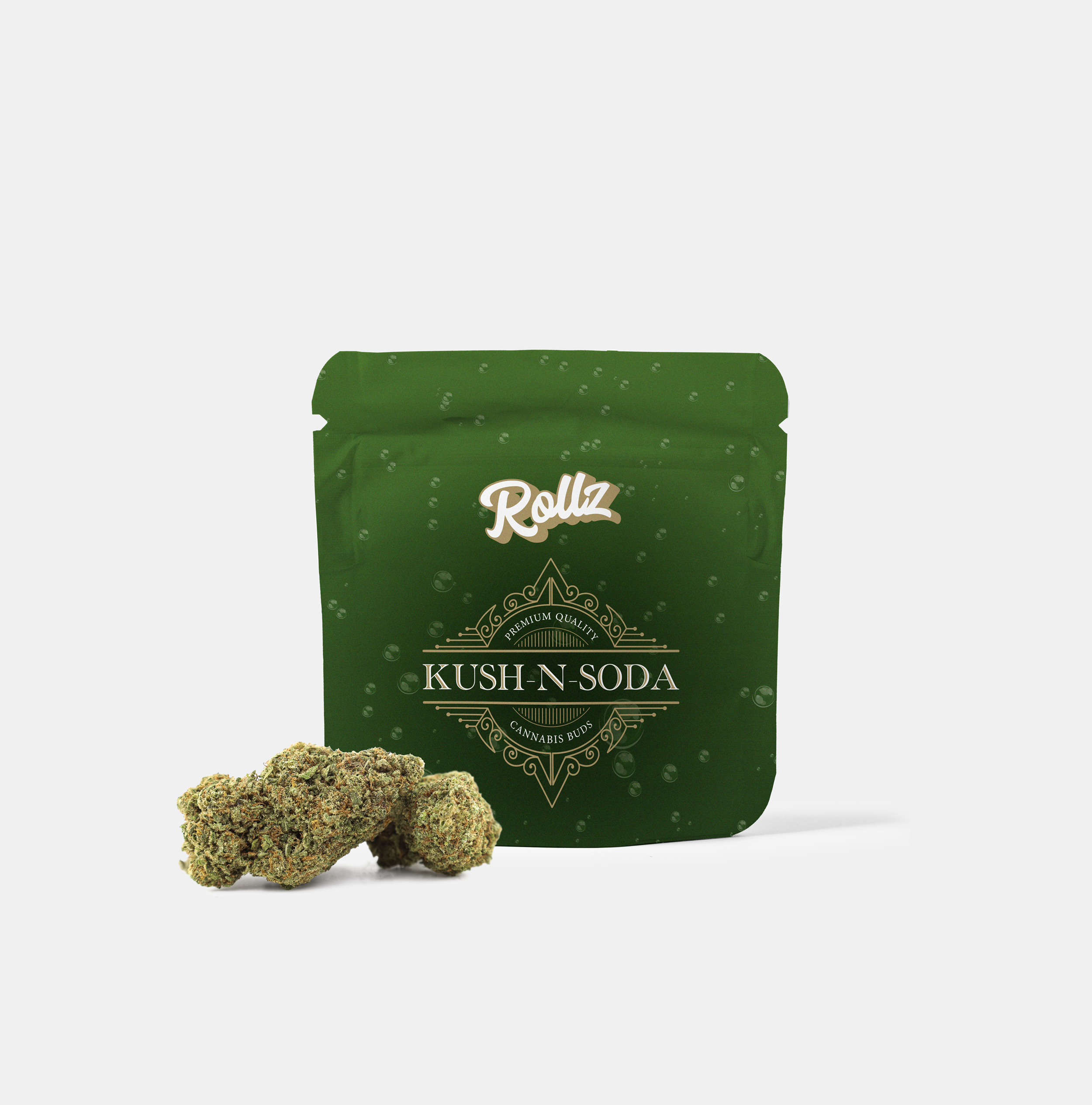 Rollz KUSH-N-SODA Indoor THCA getrocknete Blüten, grüner Beutel mit Cannabisblüten auf weißem Hintergrund
