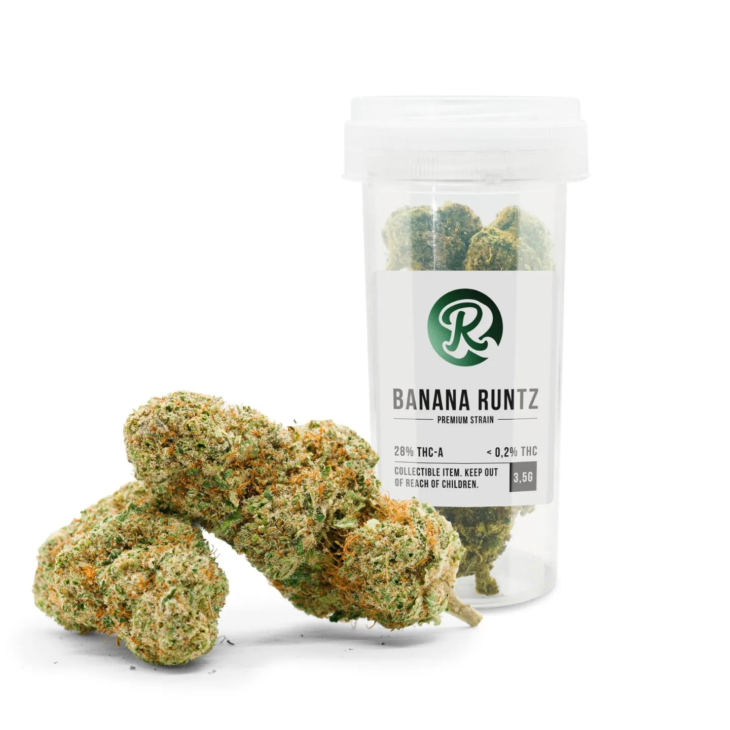 Banana Runtz THCA-Blüten vor einem durchsichtigen 3,5-g-Behälter; frostig grün mit orangefarbenen Härchen, weißer Hintergrund.