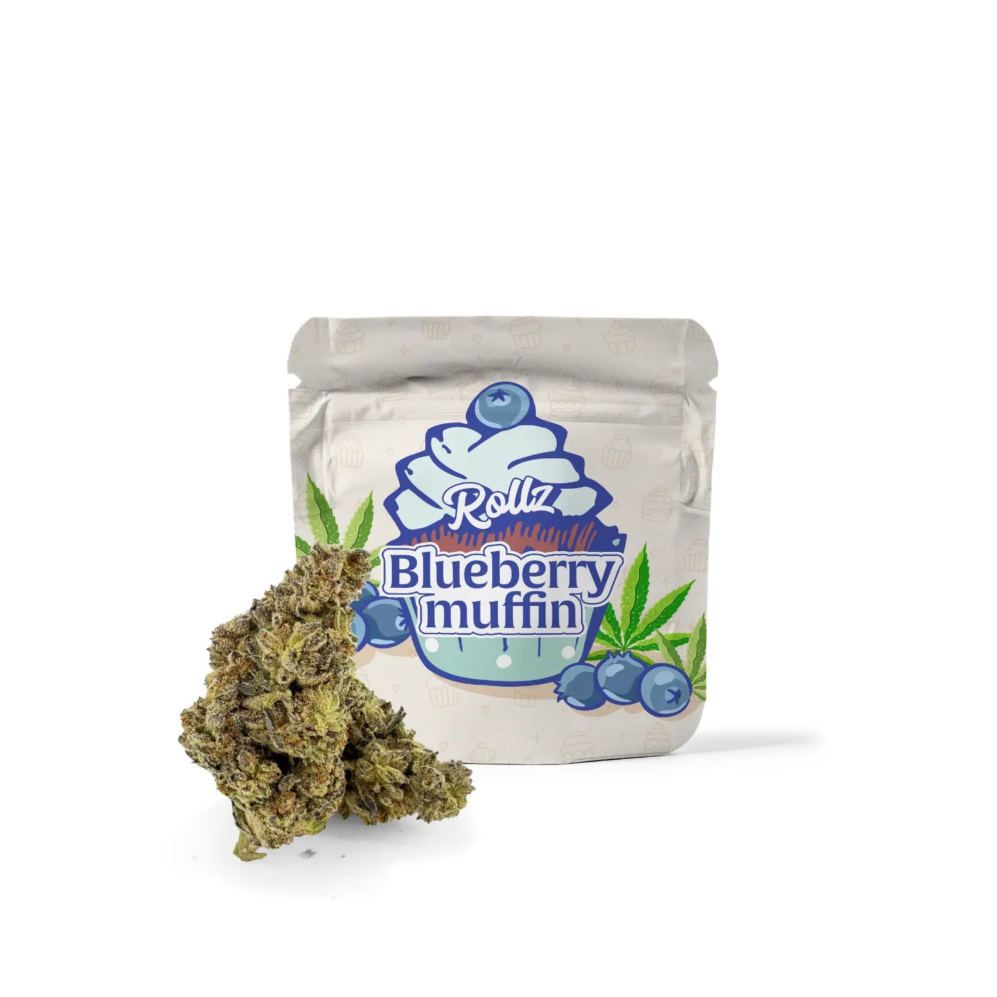 Verpacktes Rollz-Produkt mit Blaubeermuffin-Geschmack und THCA, mit sichtbaren Cannabisblüten auf weißem Hintergrund.