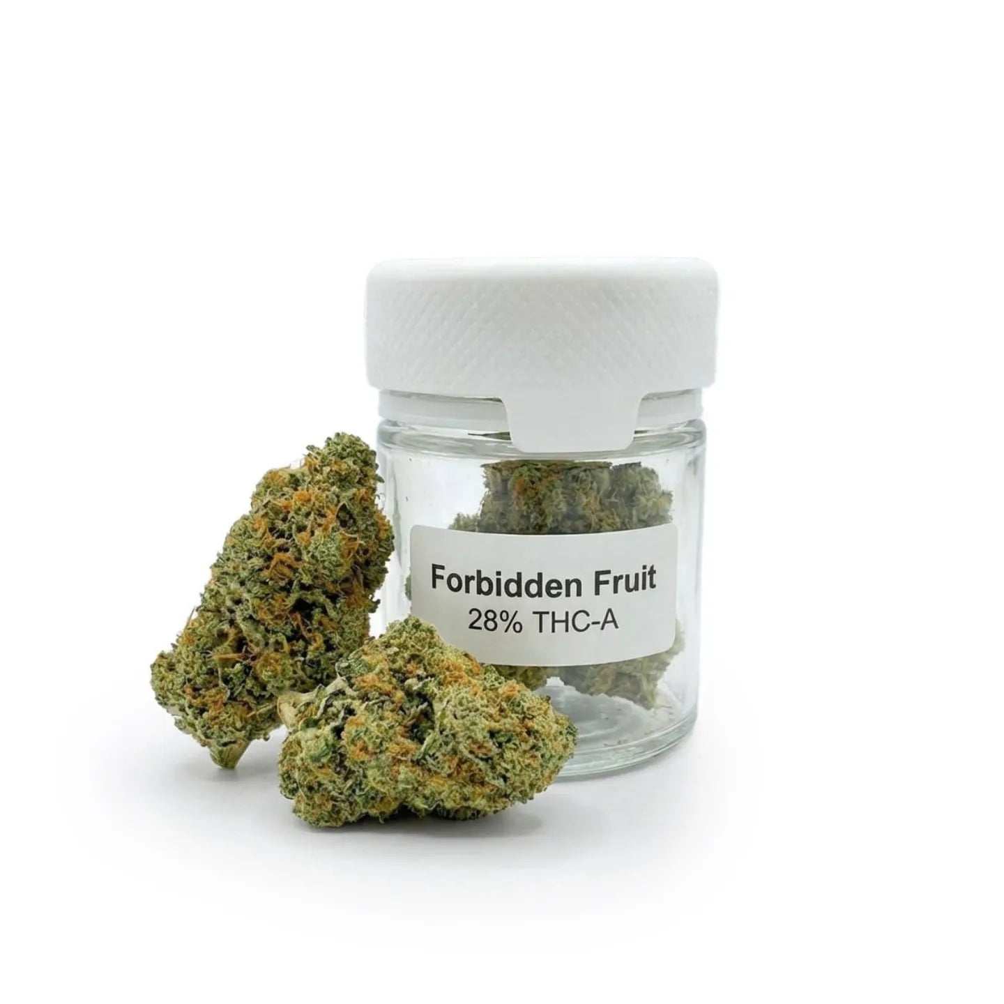 Forbidden Fruit 28% THCA - Premium-Blüte mit dichten Buds neben geruchsdichtem Glas auf weißem Hintergrund