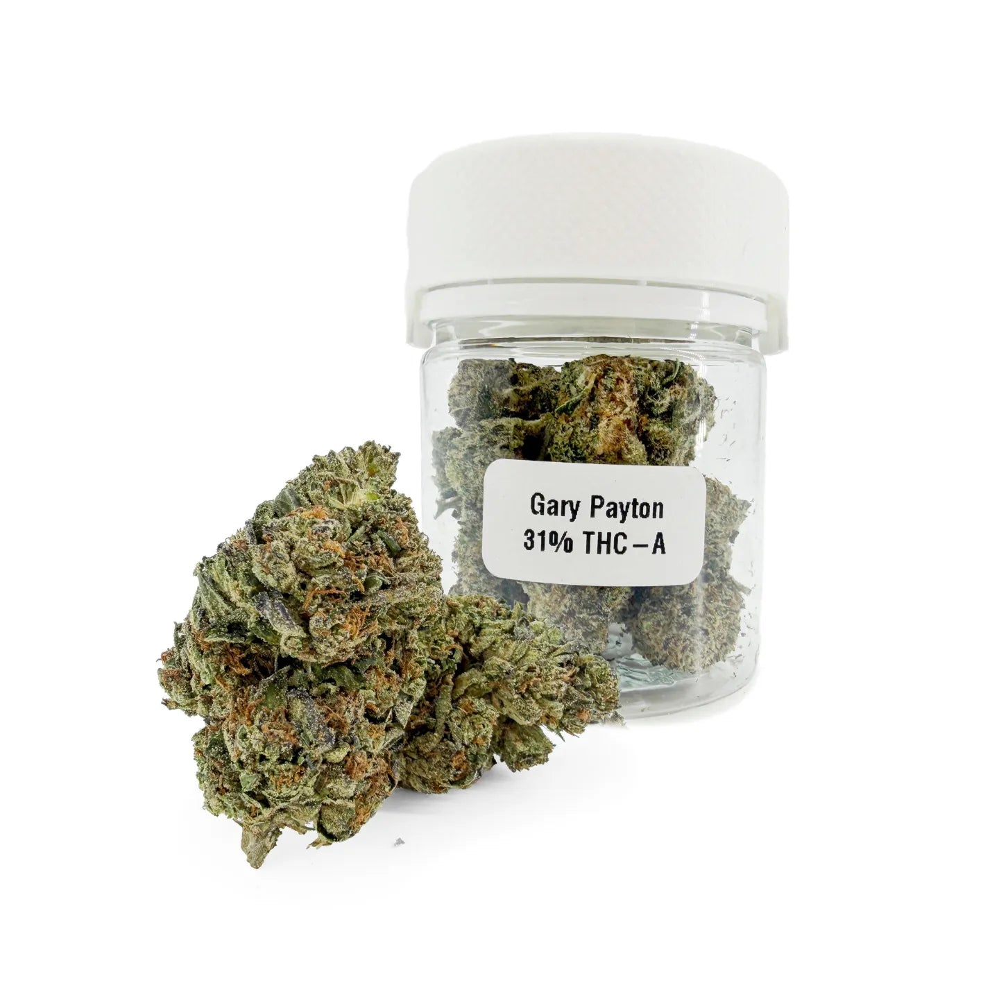 Gary Payton 31% THCA Ultra Top-Shelf Blüten – dichte, frostige Buds mit olivgrünen und silbrigen Tönen im wiederverwendbaren geruchsdichten Glas