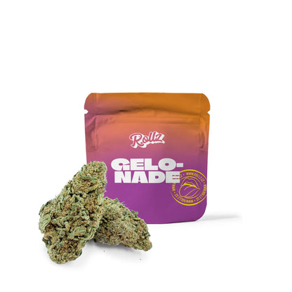 Rollz Gelonade CBD Indoor-Blüte im lila Doypack mit Premium-Buds davor auf weißem Hintergrund