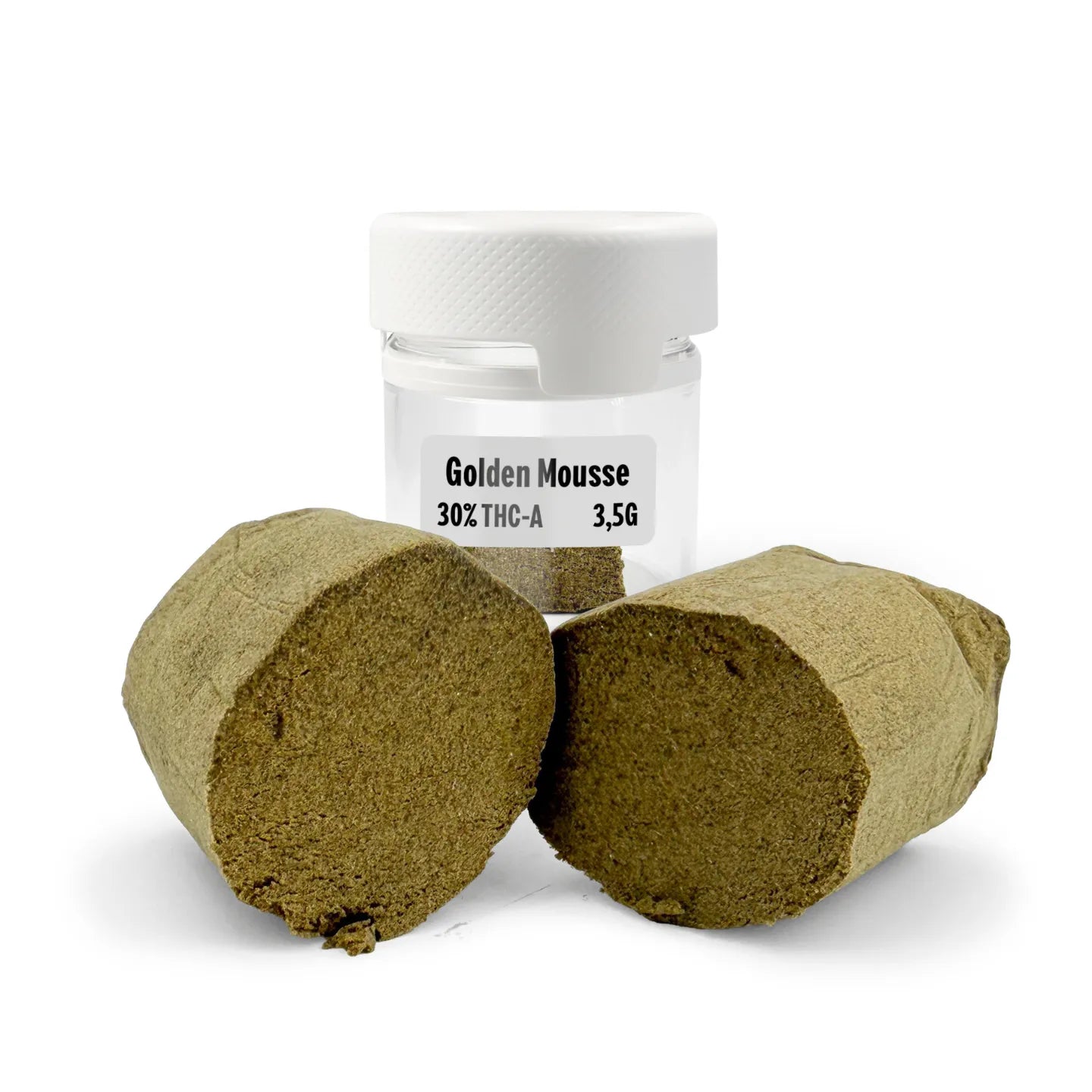 Golden Mousse THCA HASH Block mit Rollz Glas Verpackung 30% THC-A 3,5 g