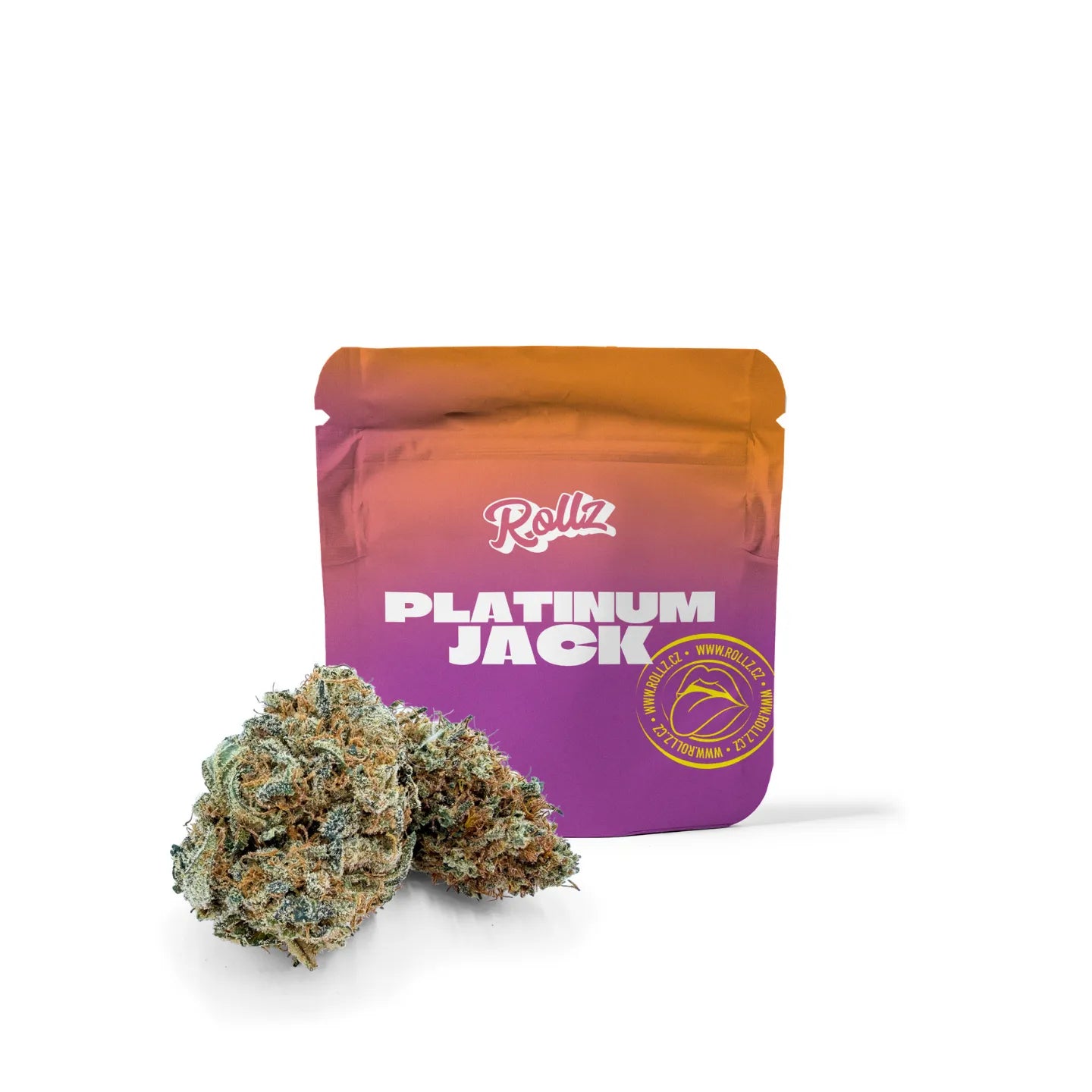 Platinum Jack CBD Blüte Beutel - Premium Doypack mit Buds davor, Studiofoto