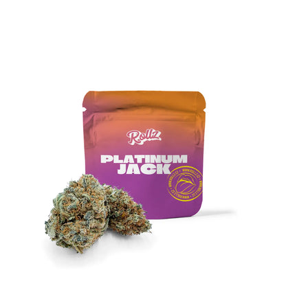 Platinum Jack CBD Blüte Beutel - Premium Doypack mit Buds davor, Studiofoto