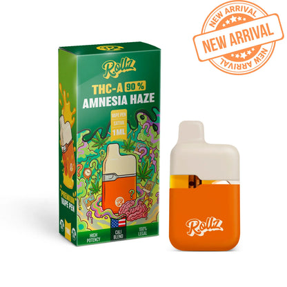 ROLLZ Amnesia Haze THCA 90% Vape Pen 1ML mit grüner Verpackung und New Arrival Stempel