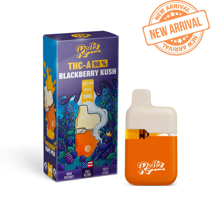 ROLLZ Blackberry Kush THCA 90% Vape Pen 1ML mit violetter Verpackung und orangem Gerät