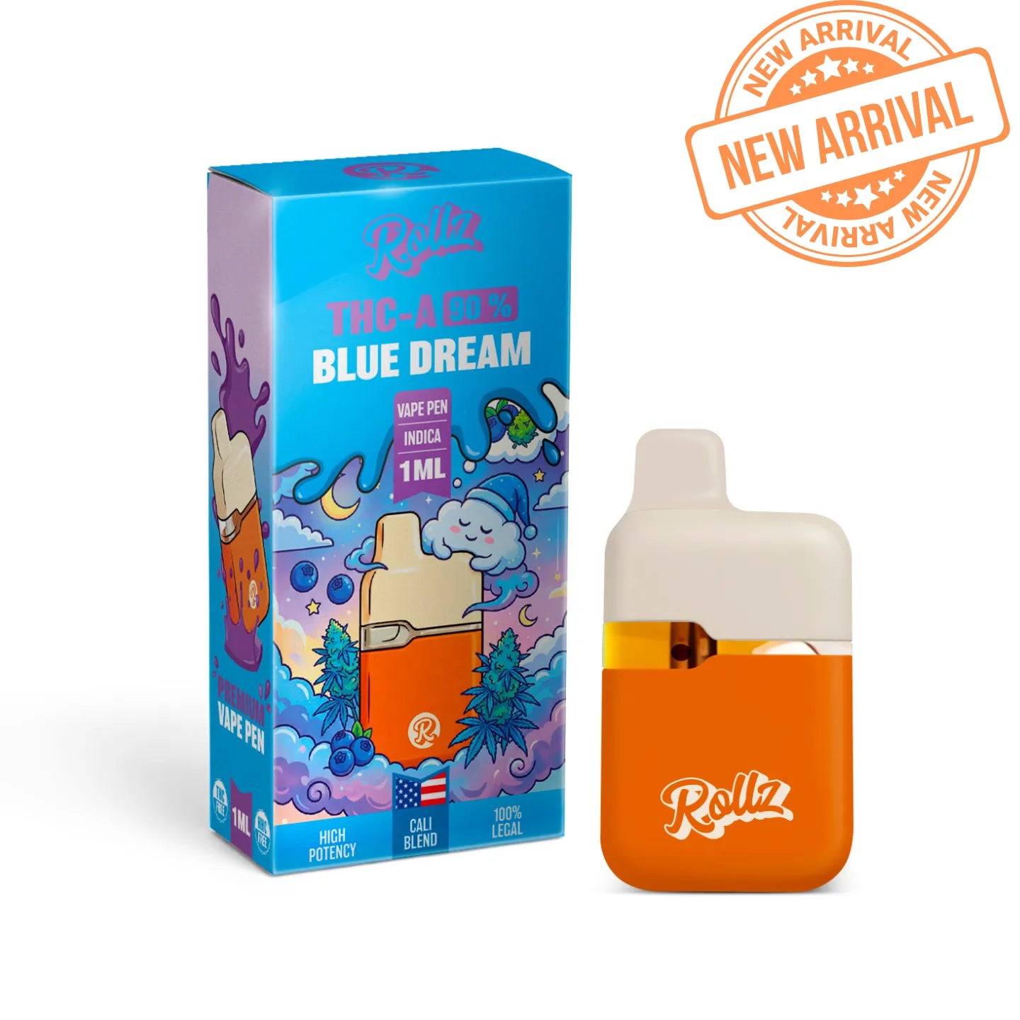 ROLLZ Blue Dream THCA 90% Vape Pen 1ML mit blauer Verpackung und New Arrival Stempel