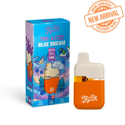ROLLZ Blue Dream THCA 90% Vape Pen 1ML mit blauer Verpackung und New Arrival Stempel