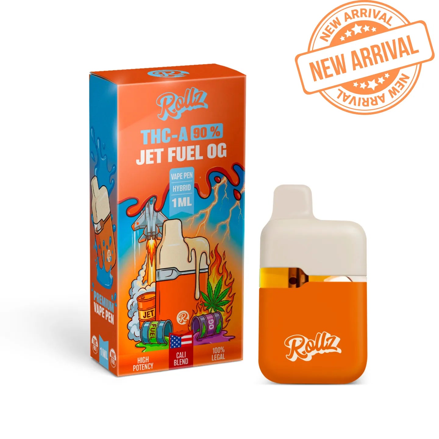 ROLLZ Jet Fuel OG THCA 90% Vape Pen 1ML mit oranger Verpackung und New Arrival Siegel