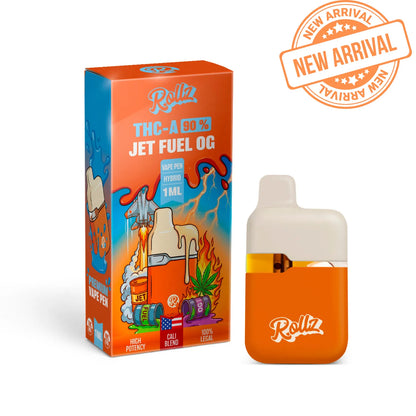 ROLLZ Jet Fuel OG THCA 90% Vape Pen 1ML mit oranger Verpackung und New Arrival Siegel