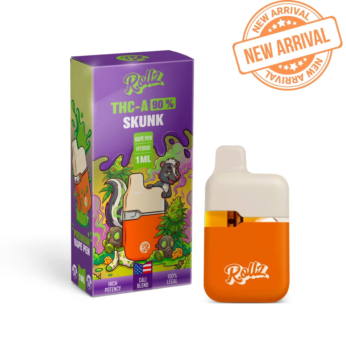 ROLLZ Skunk THCA 90% Vape Pen 1ML mit violetter Verpackung und New Arrival Stempel