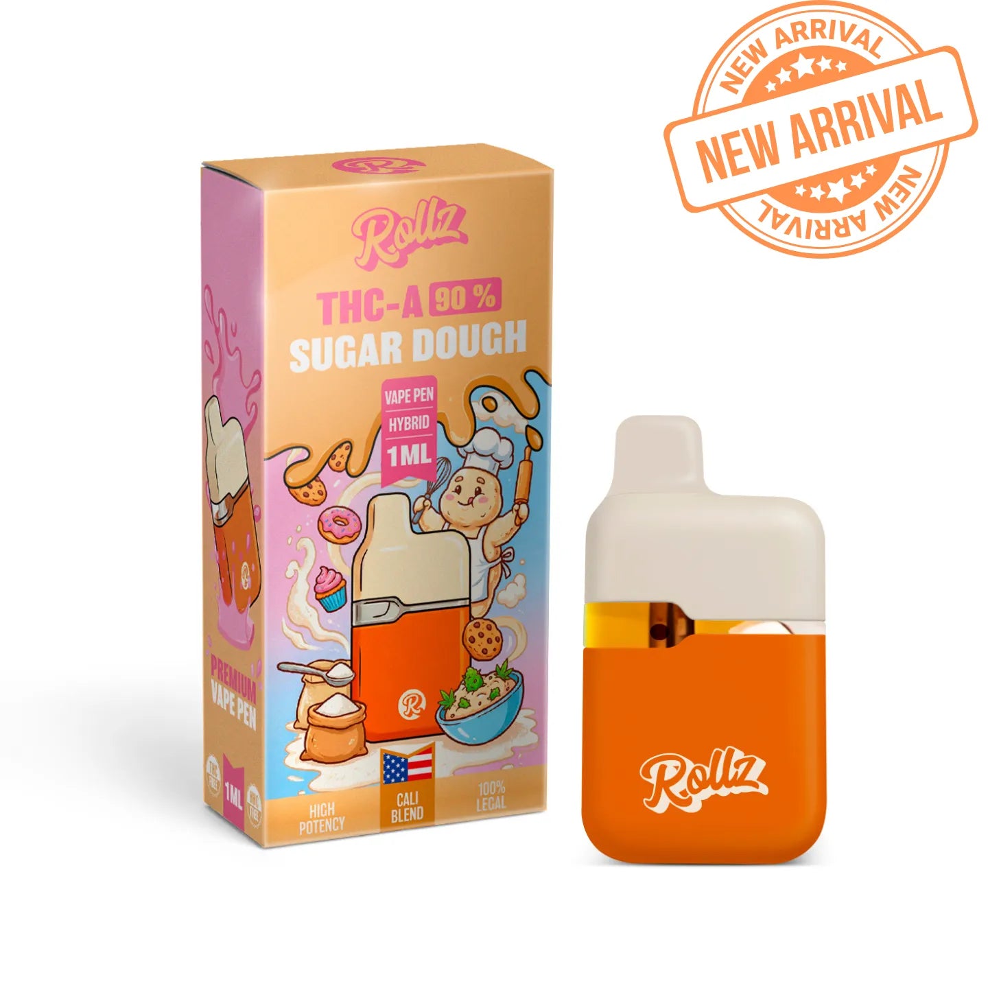 ROLLZ Sugar Dough THCA 90% Vape Pen 1ML mit pastellfarbener Verpackung und orangem Gerät
