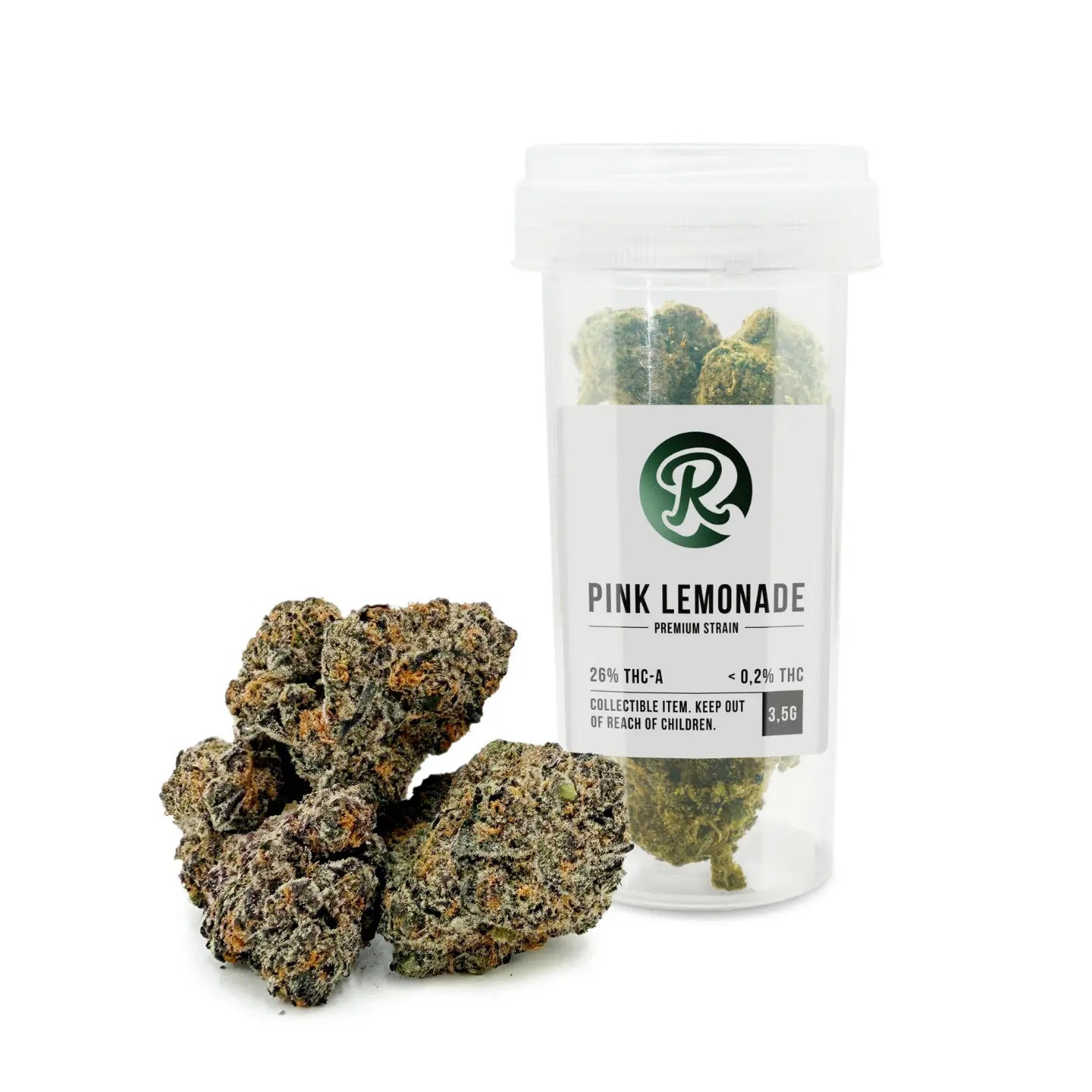 Rollz Pink Lemonade THCA Premium-Strain im klaren Jar mit sichtbaren Hanfblüten, davor mehrere kompakte, frostige Buds in Grün-Violett mit orangefarbenen Blütenhärchen auf weißem Hintergrund