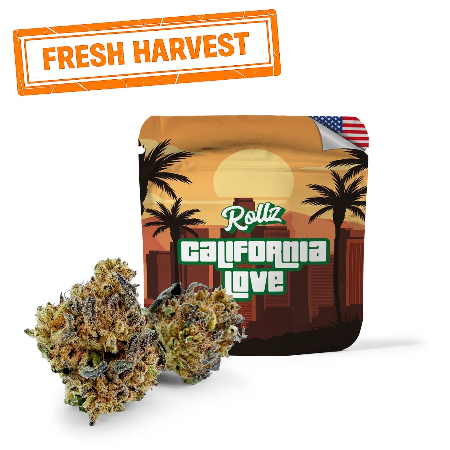 California Love THCA Indoor-Blüten – dichte hellgrüne getrocknete Cannabisblüten auf neutralem Hintergrund; ROLLZ-Eigenproduktion. Fresh Harvest