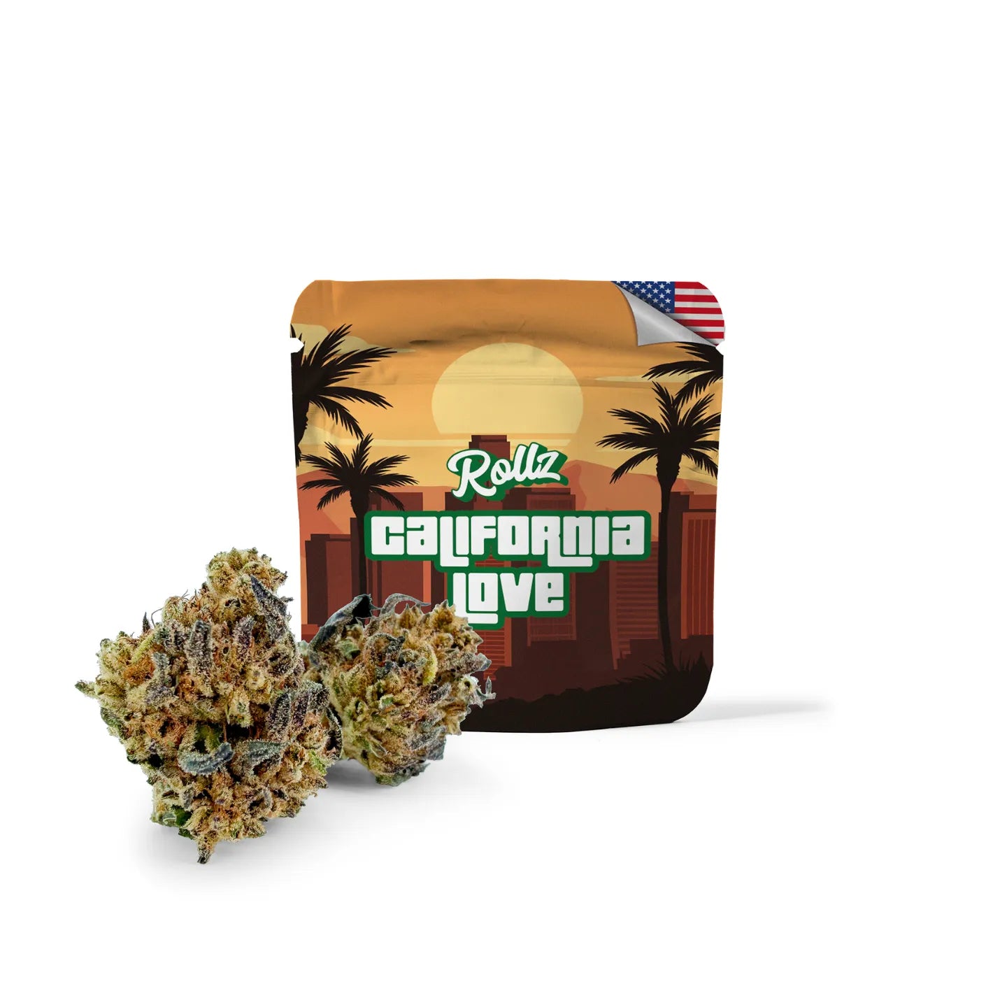 California Love THCA Indoor-Blüten – dichte hellgrüne getrocknete Cannabisblüten auf neutralem Hintergrund; ROLLZ-Eigenproduktion.