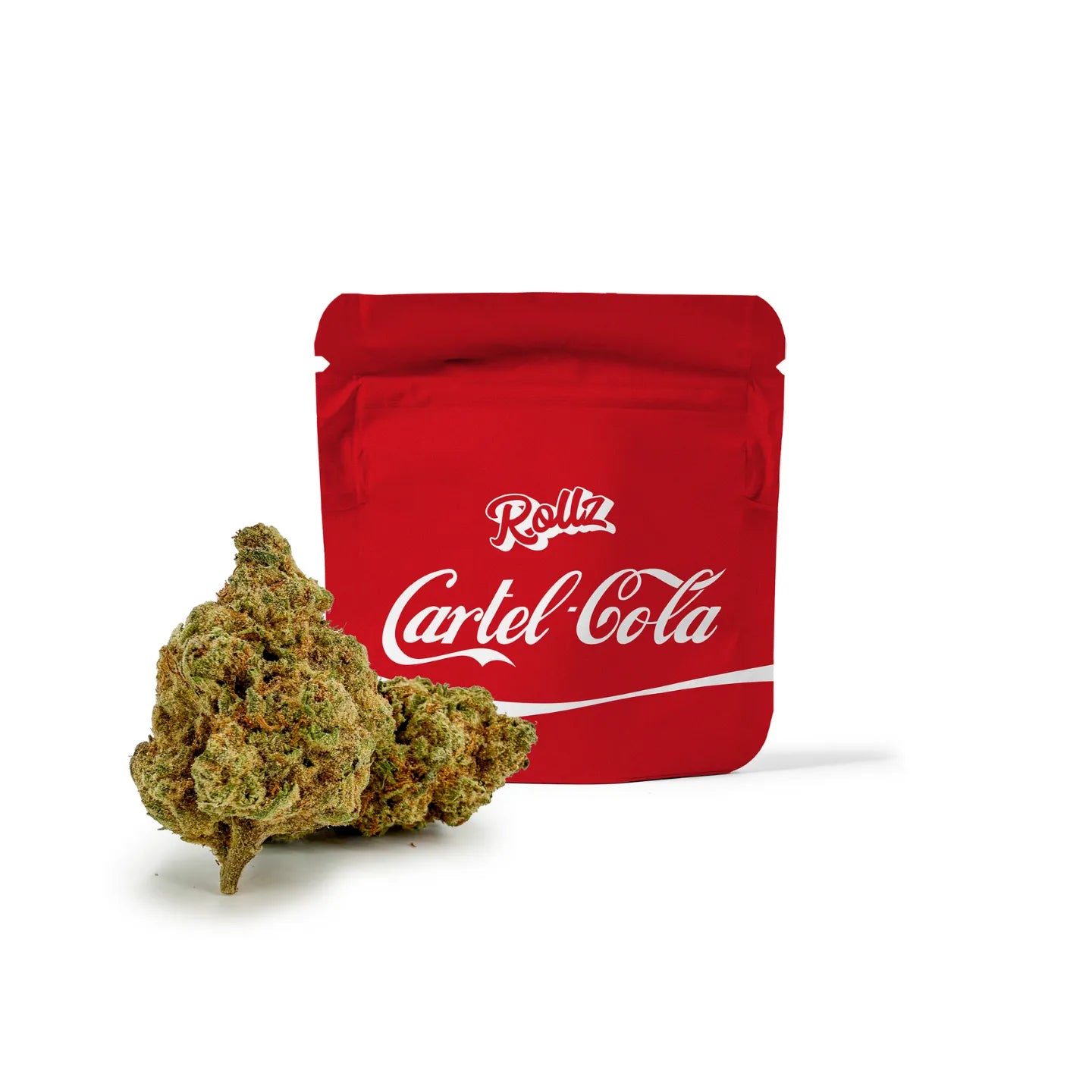 ROLLZ Cartel-Cola THCA Blüten mit rotem Beutel und harzigem Premium-Bud