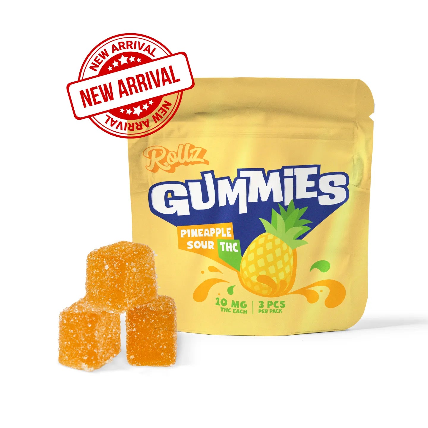 Rollz THC Gummies Ananas-Geschmack, 10 mg pro Stück, 3 Stück Packung mit Ananas Beutel - NEW ARRIVAL