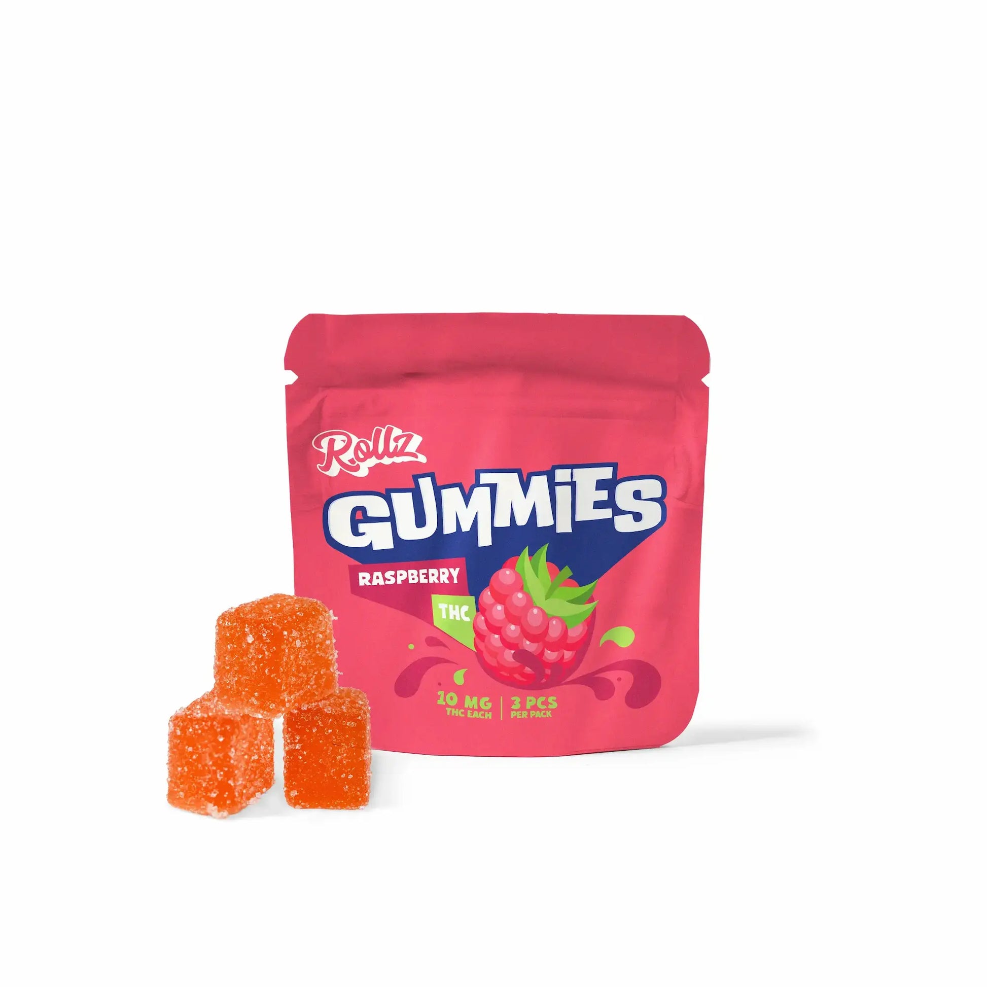 Rollz THC Gummies Himbeer-Geschmack, 10 mg pro Stück, 3 Stück Packung mit pinkem Beutel