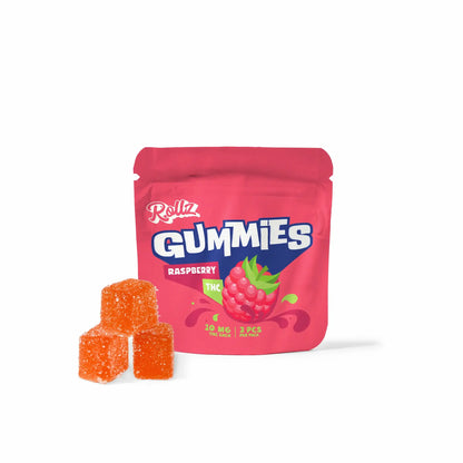 Rollz THC Gummies Himbeer-Geschmack, 10 mg pro Stück, 3 Stück Packung mit pinkem Beutel