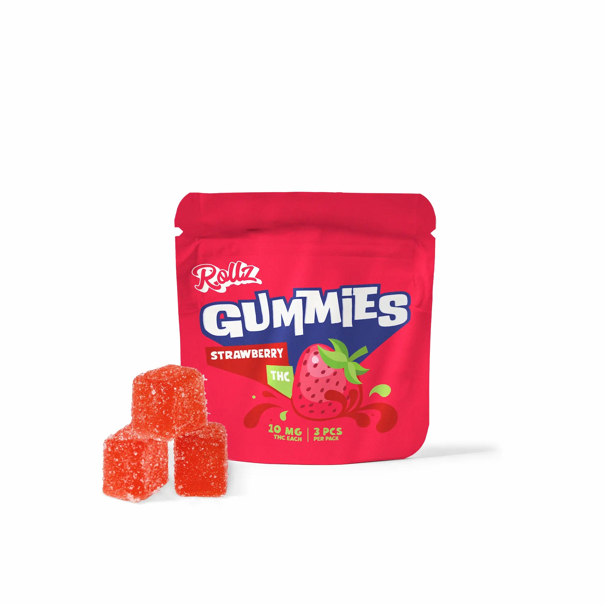 Rollz THC Gummies Erdbeer-Geschmack, 10 mg pro Stück, 3 Stück Packung mit rotem Beutel