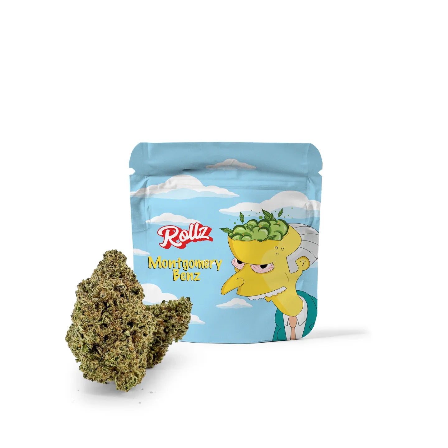 Rollz Montgomery Benz THCA Indoor-Blüten Beutel mit Cartoon-Design und Blüten davor auf weißem Hintergrund