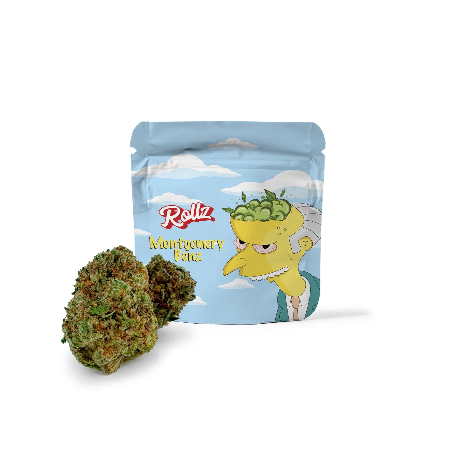 Rollz Montgomery Benz THCA Indoor-Blüten Beutel mit Cartoon-Design und Blüten davor auf weißem Hintergrund