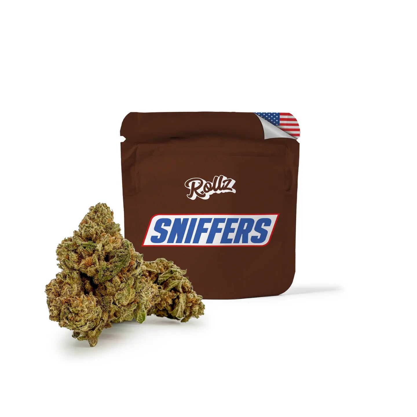 ROLLZ Sniffers THCA Blüten mit braunem Beutel und grünen Premium-Buds