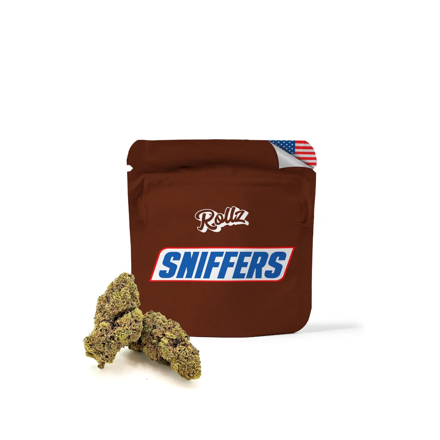 Rollz SNIFFERS – braune Tasche mit Rollz-Logo und SNIFFERS-Etikett, US-Flagge-Detail in der Ecke, getrocknete Blütenknospen auf der Vorderseite