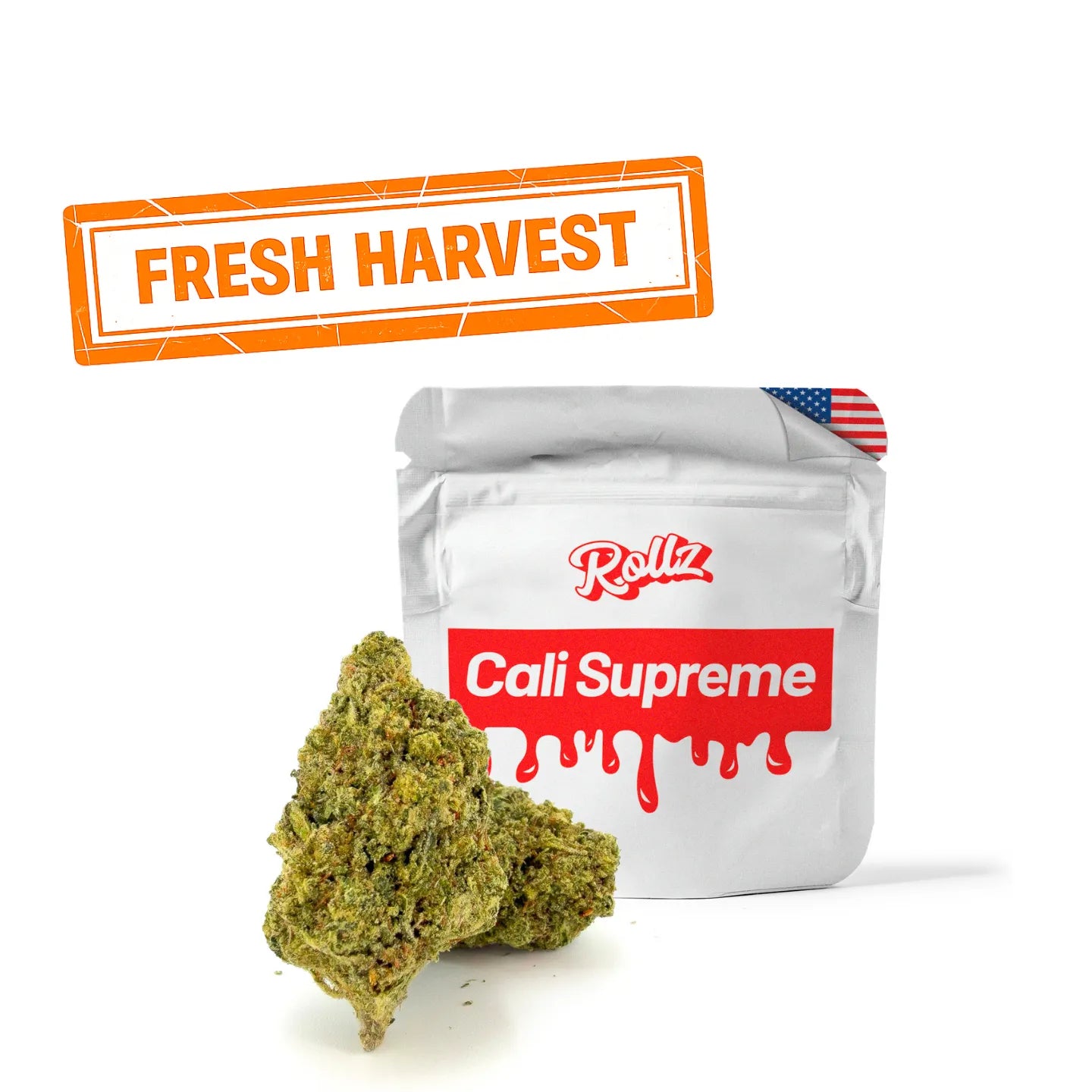 ROLLZ Cali Supreme THCA Blüten im silbernen Beutel mit Fresh Harvest Siegel
