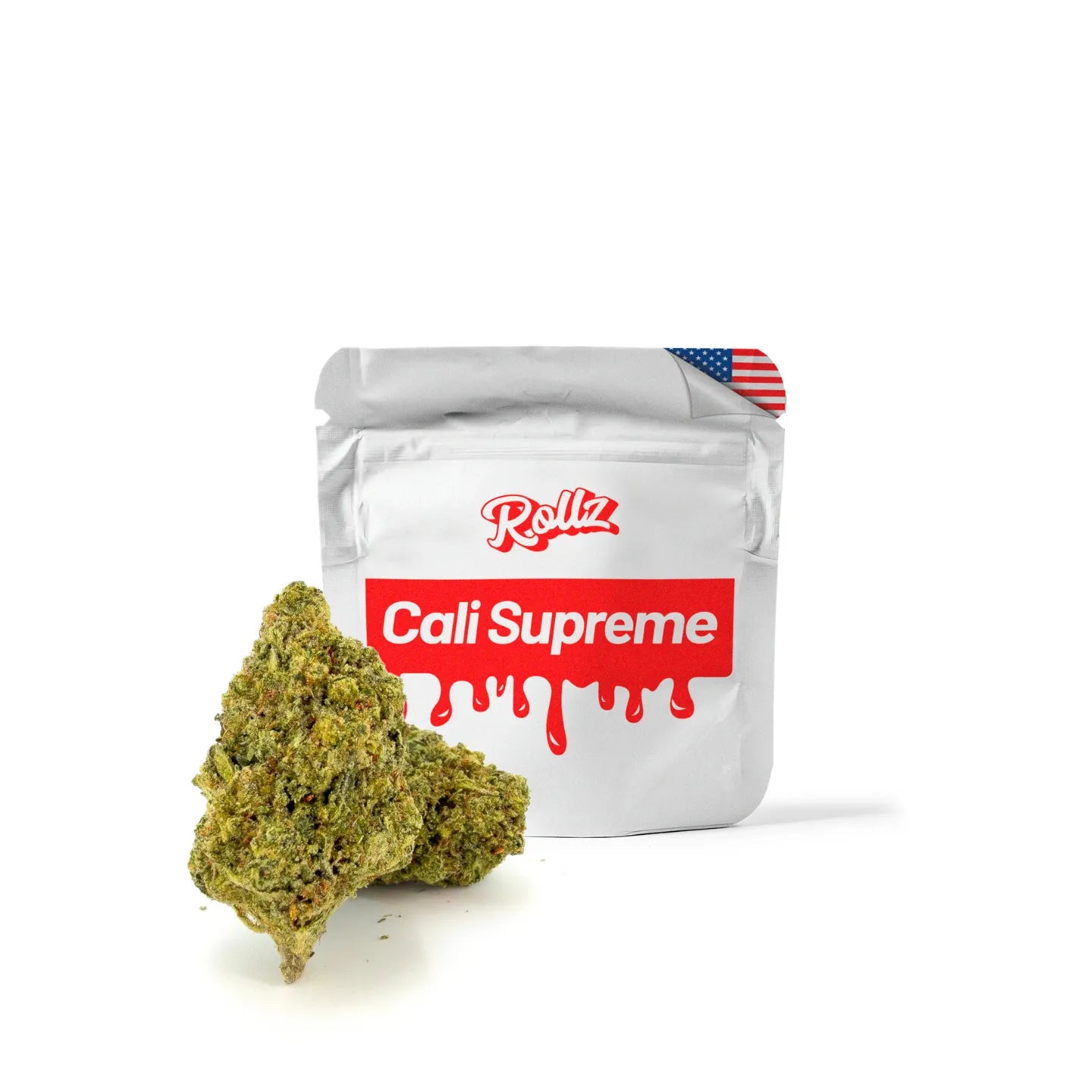 ROLLZ Cali Supreme THCA Blüten mit silbernem Beutel und grünen Premium-Buds