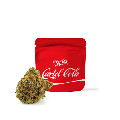 ROLLZ Cartel-Cola THCA Blüten mit rotem Beutel und harzigem Premium-Bud