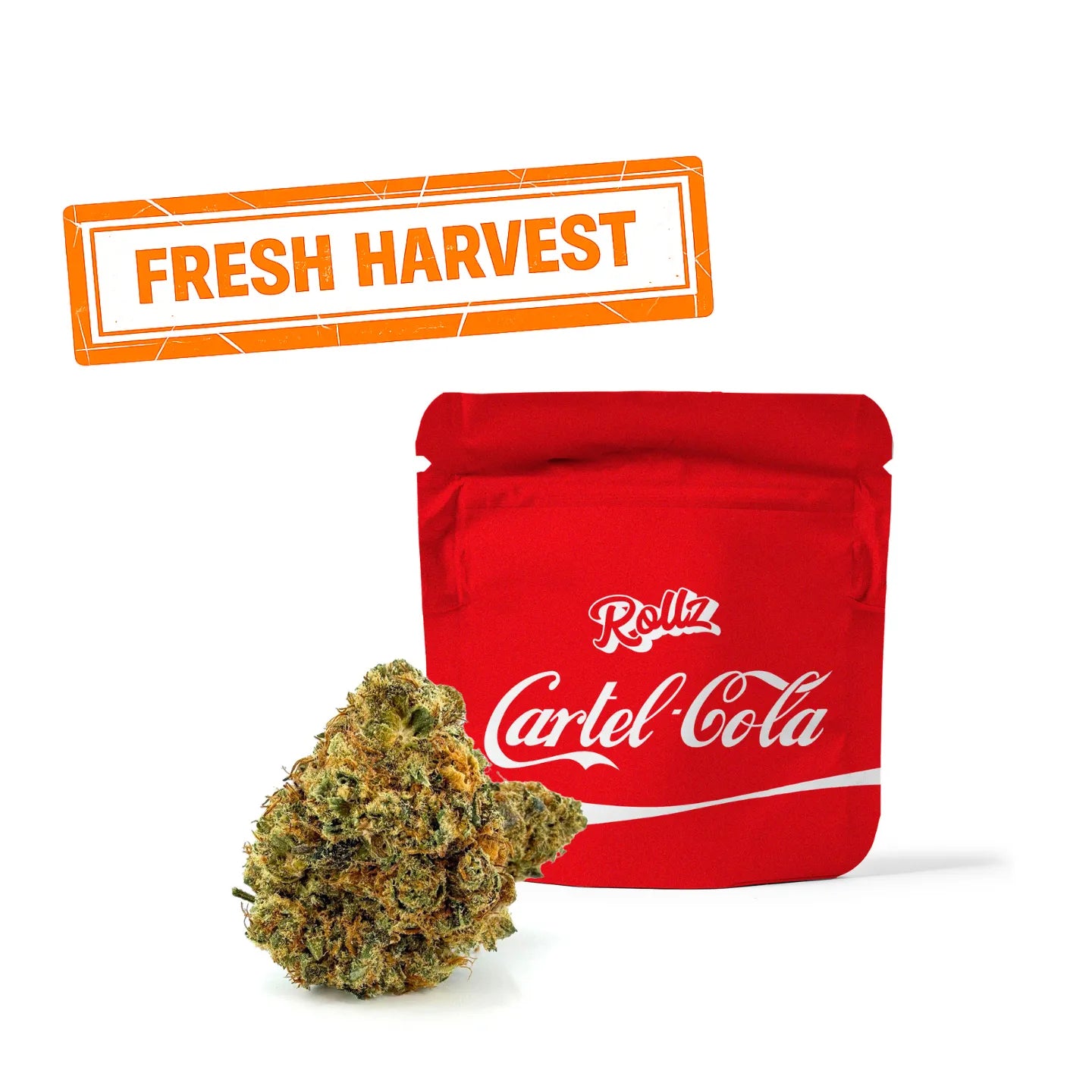 ROLLZ Cartel-Cola THCA Blüten im roten Beutel mit Fresh Harvest Stempel