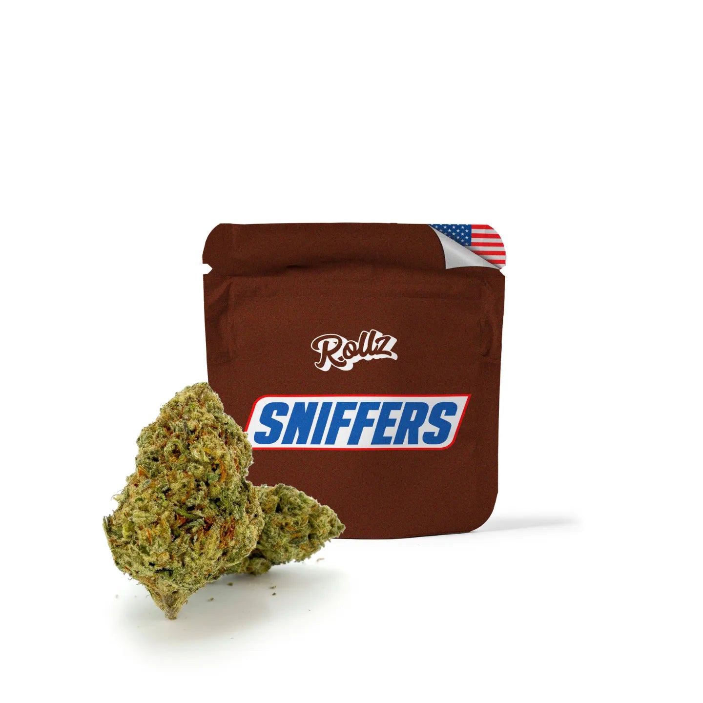 ROLLZ Sniffers THCA Blüten mit braunem Beutel und grünen Premium-Buds